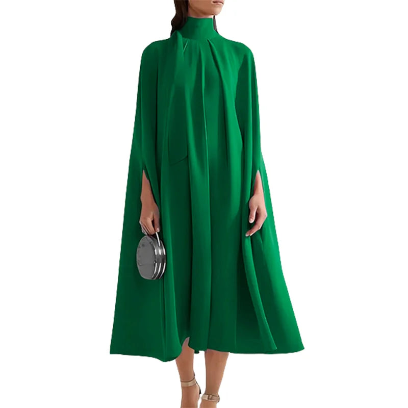 Women Elegant Solid Color High-Neck Party Evening Dresses 2025 New Spring Batwing Sleeves Lace-Up Banquet Robe Vestido