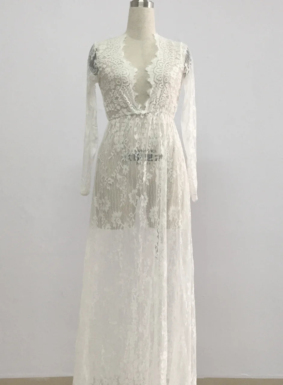 European Style Sexy Deep V Lace Mesh Long Sleeve Bodycon Maxi Dress Trailing Evening Party Dress
