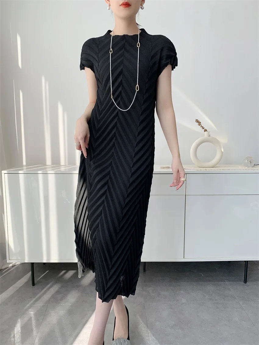 Miyake Handmade Pleated Dress Women's 2026 Spring New Solid Color Half-high Collar Sleeves Pullover Elegant Pleated Skirt