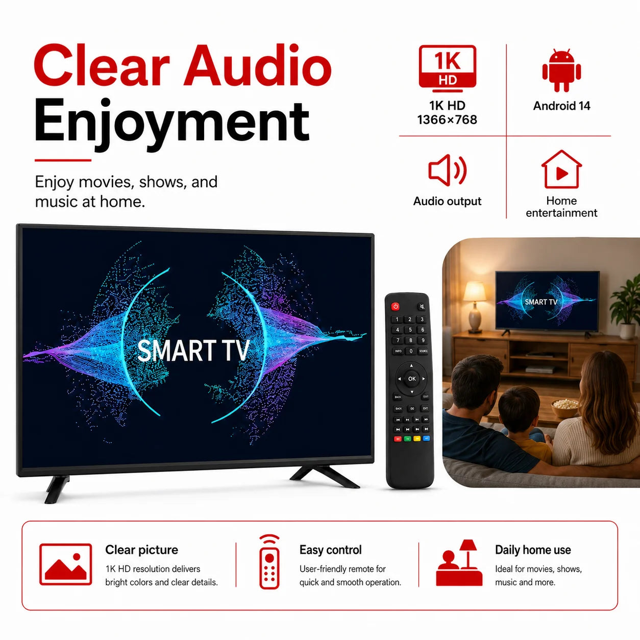 22 Inch Smart TV Android LED Television HD WiFi Bluetooth HDMI USB Flat Screen TV for Bedroom Kitchen RV Home