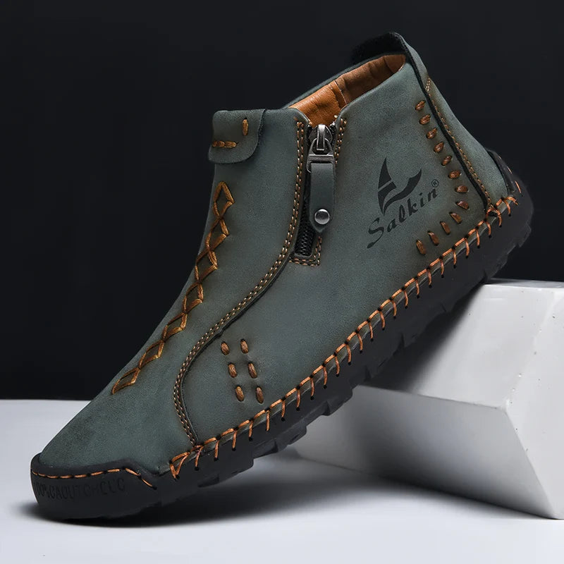 Handmade Leather Casual Shoes For Men Sneakers Men Flat Footwear Zipper Leather Boots Men Ankle Plus Size 39-48