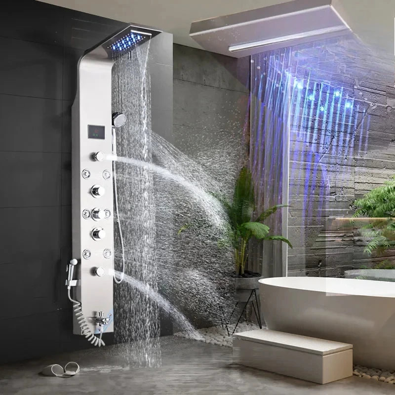 LED Light Bathroom Shower Panel Intelligent LCD Shower Column System with 6 Modes Rain Waterfall Massage Jet Bath Mixer Tap