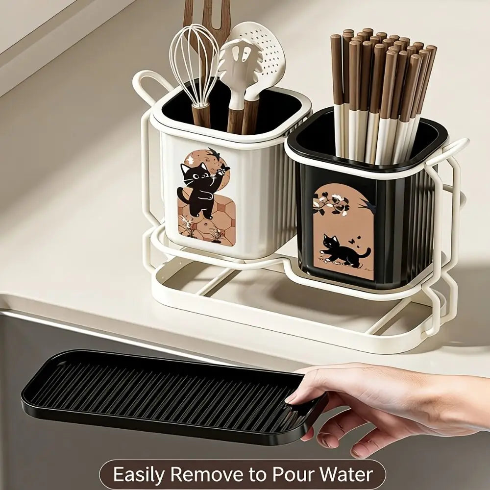 Cute Cat Kitchen Storage Basket Durable Standing Chopsticks Holder Organizer No-drill Tableware Drainer Kitchen