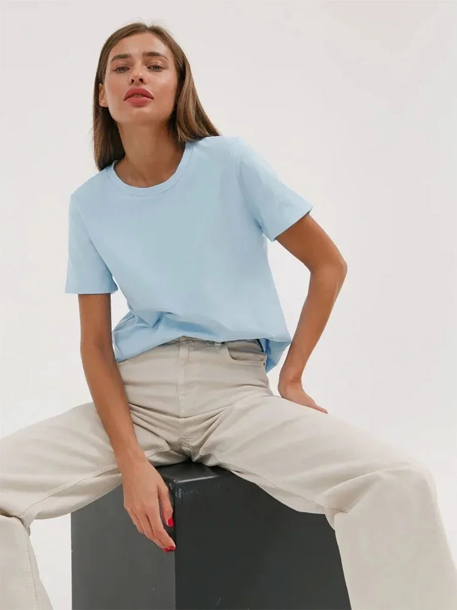 Wolfeel Summer 100% Cotton Women's T-shirt Bottoming Basic Fashionable Solid Lady Short Sleeve Loose Tops Shirts 230g/㎡ Tops