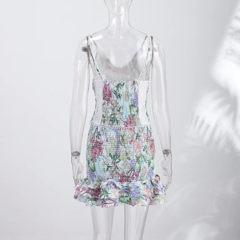 Sexy Women's Floral Printed Mini Ruffle Skirt Set Slim Lace Trim Hollow Spaghetti Strap Top Pleated Skirts 2026 Summer Lady Suit