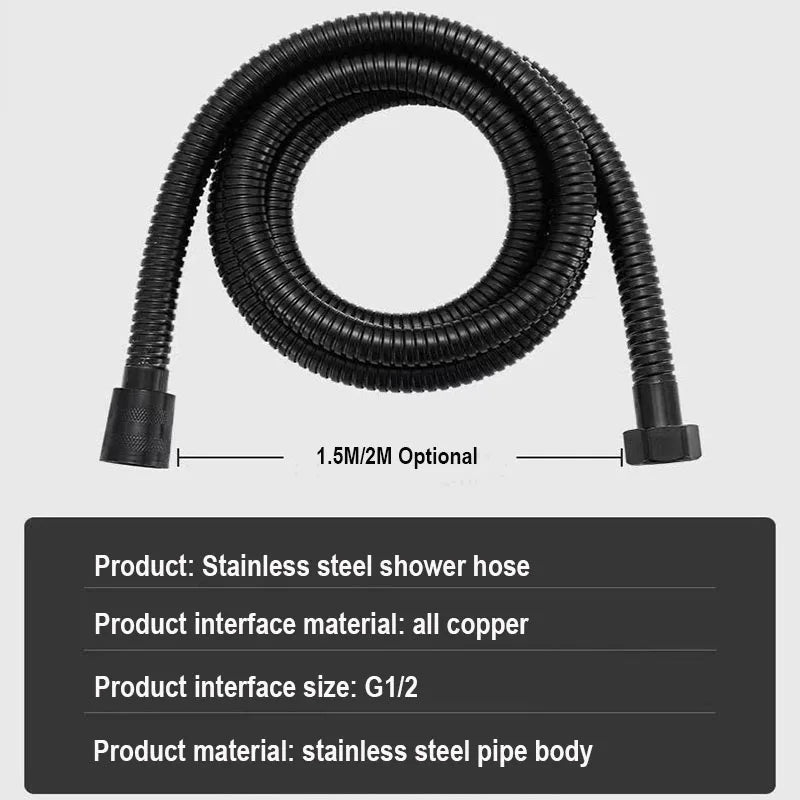1.5/2/3M Stainless Steel Shower Hose Black/Silver Long Bathroom Shower Water Hose Extension Plumbing Pipe Showerhead Tube