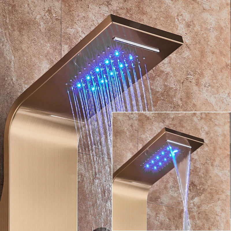 LED Light Bathroom Shower Panel Intelligent LCD Shower Column System with 6 Modes Rain Waterfall Massage Jet Bath Mixer Tap