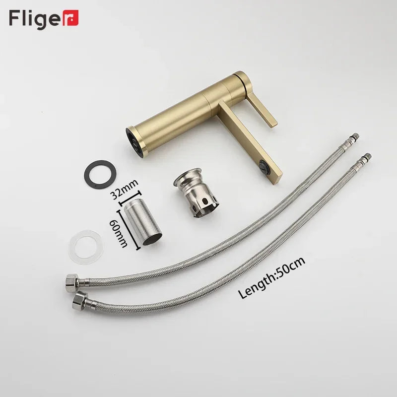 Fliger Tall Basin Faucet Brushed Gold Bathroom Sink Faucet Countertop Sink Faucet Hot Cold Bathroom Faucet 360° Rotating Mixer