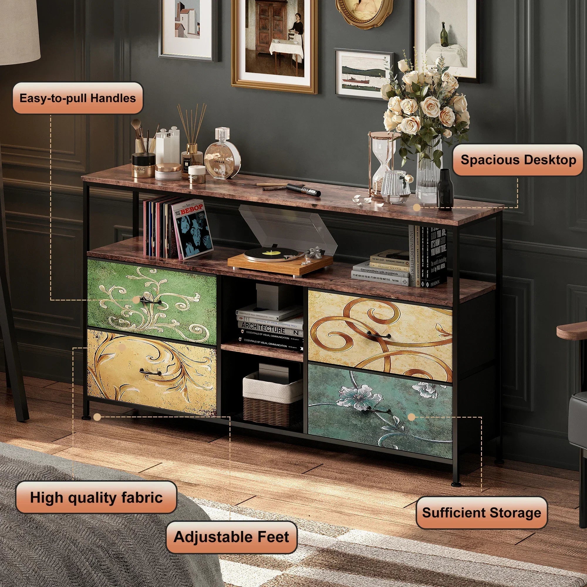 Rosahqnda TV stand with 4 drawers, TV cabinet, , adjustable shelves, TV table, TV cabinet living room furniture