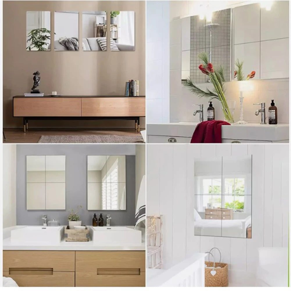 4PcsAcrylic Mirrors Set Self- Adhesive Mirror Tiles 2mm Thick Flexible Unbreakable Mirror Stickers Reflective Square Mirror Wall