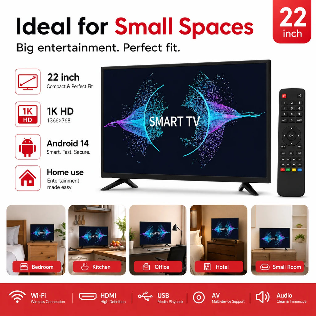 22 Inch Smart TV Android LED Television HD WiFi Bluetooth HDMI USB Flat Screen TV for Bedroom Kitchen RV Home