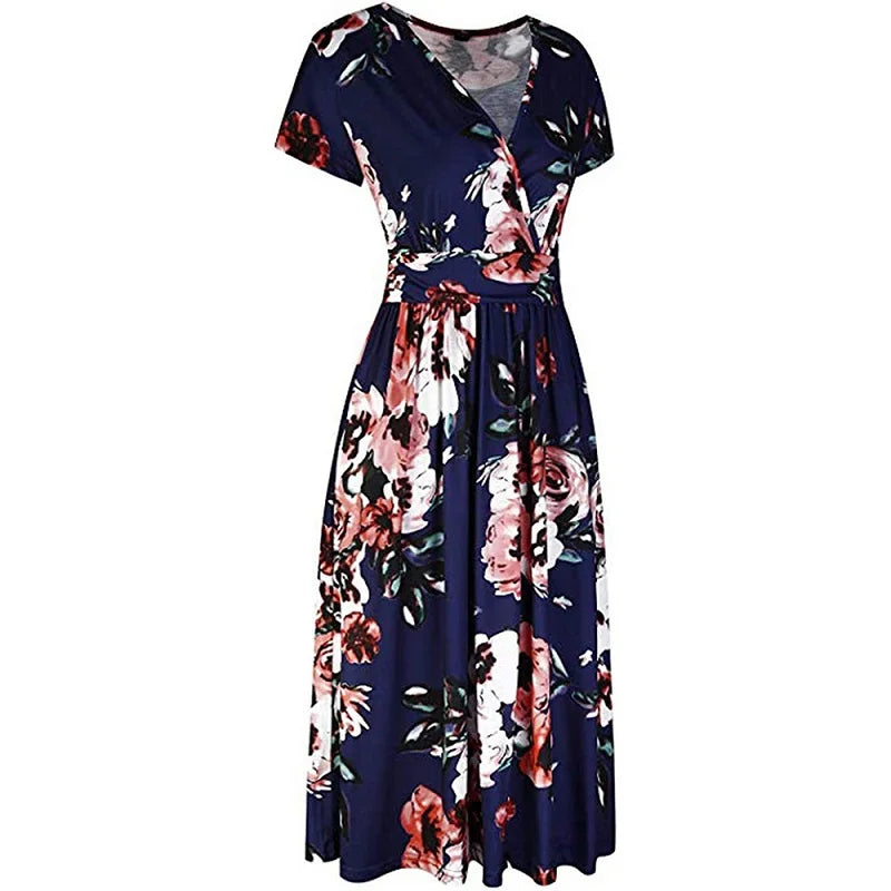 Cross-border women's summer 2024 new retro plant print V-neck breast wrap thin temperament elegant casual dress