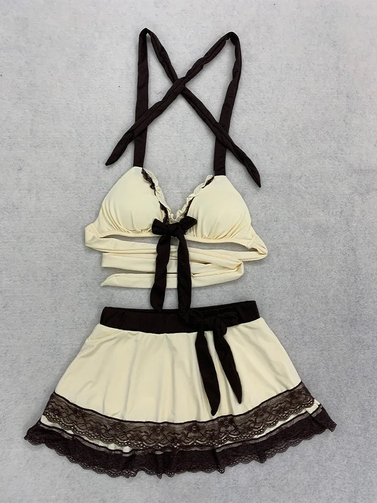 Summer Beige Lace Trim Bow Halter Skirted Bikini Set Beach Pool Vacation Cute Sweet Slim Y2K New Trendy Women's Swimsuit