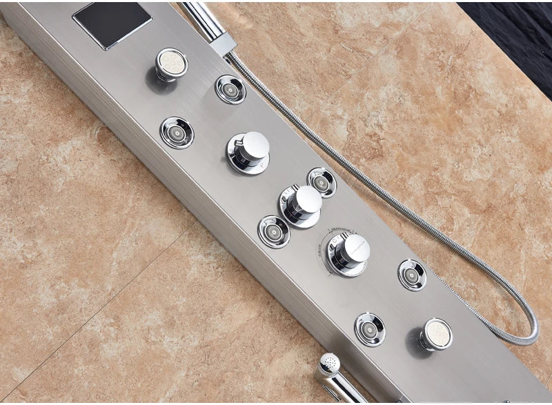 LED Light Bathroom Shower Panel Intelligent LCD Shower Column System with 6 Modes Rain Waterfall Massage Jet Bath Mixer Tap