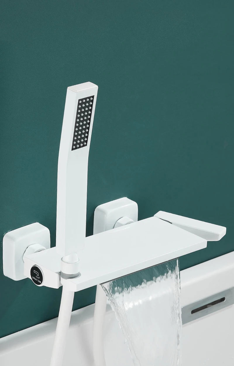 Brushed Gold Waterfall Bathtub Shower Faucet Set Bathroom Bathtub Mixer Taps Hot and Cold Shower Faucet Wall Mounted Bathtub Tap