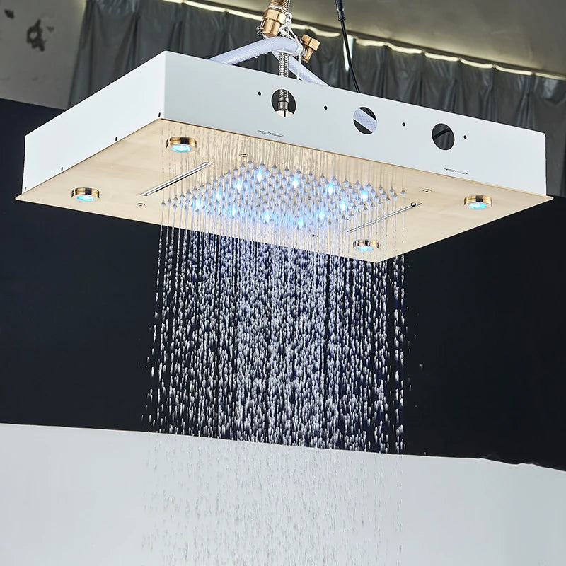 Digital Display Thermostatic Rain Shower System Set 14 X 20 Inch Waterfall Rainfall LED Ceiling Shower Head with HandShower