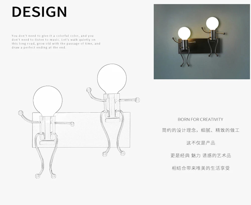 Modern LED  Wall Lamp Nordic Cartoon Doll Wall Lights  American Creative Metal Robot Sconce for Kids Baby Room Living Bedroom