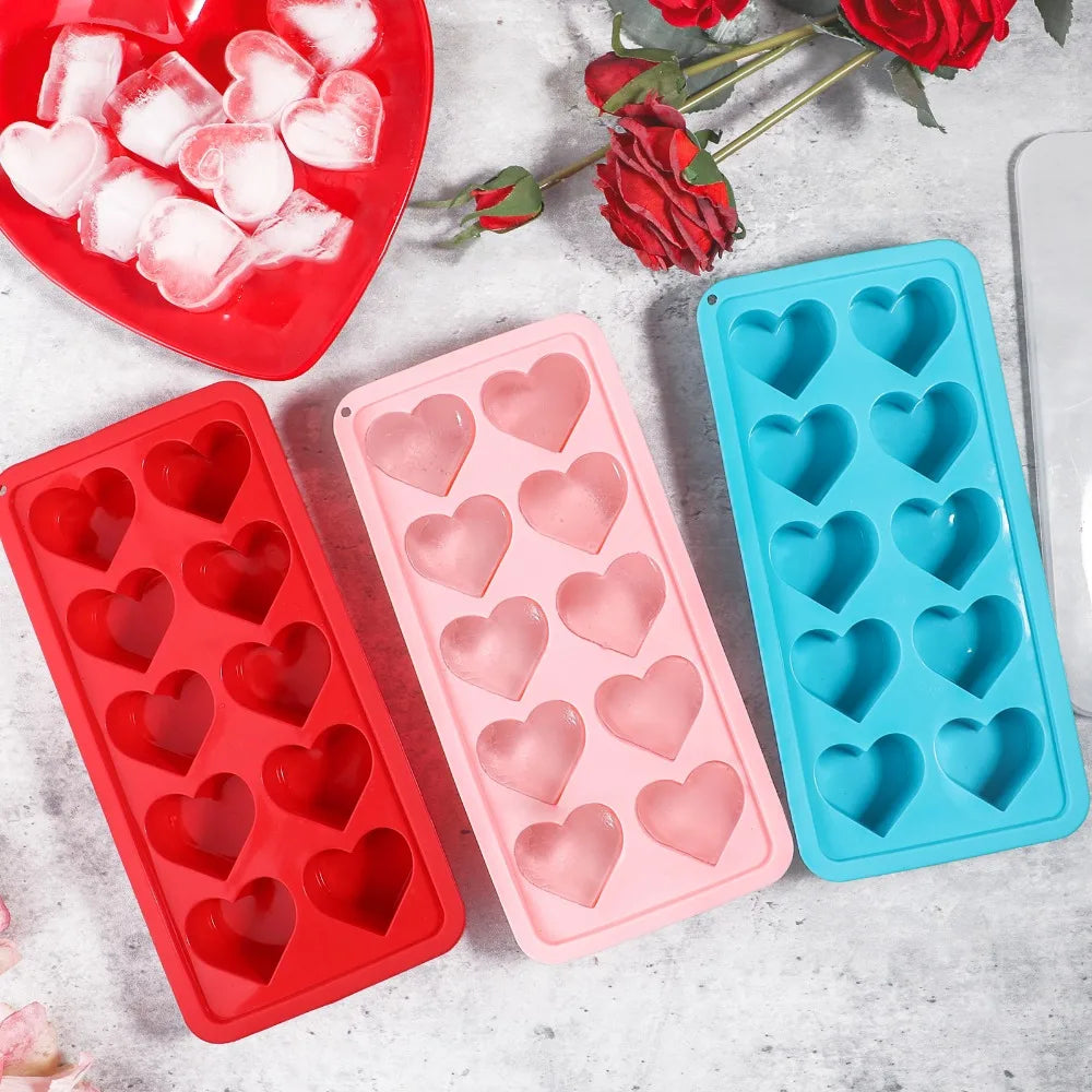 New 3D Love Heart Ice Tray Silicone Pink Blue Red Ice Cube Mold 10 Compartment Easy Release Cupcake Mold Kitchen Gadgets