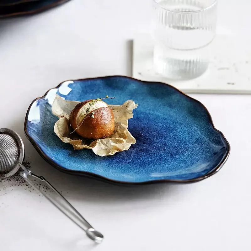 Nordic Style Blue Kiln Turned Ceramic Food Plate Steak Pasta Western Cuisine Plate Kitchen Utensils Dining Table Decoration