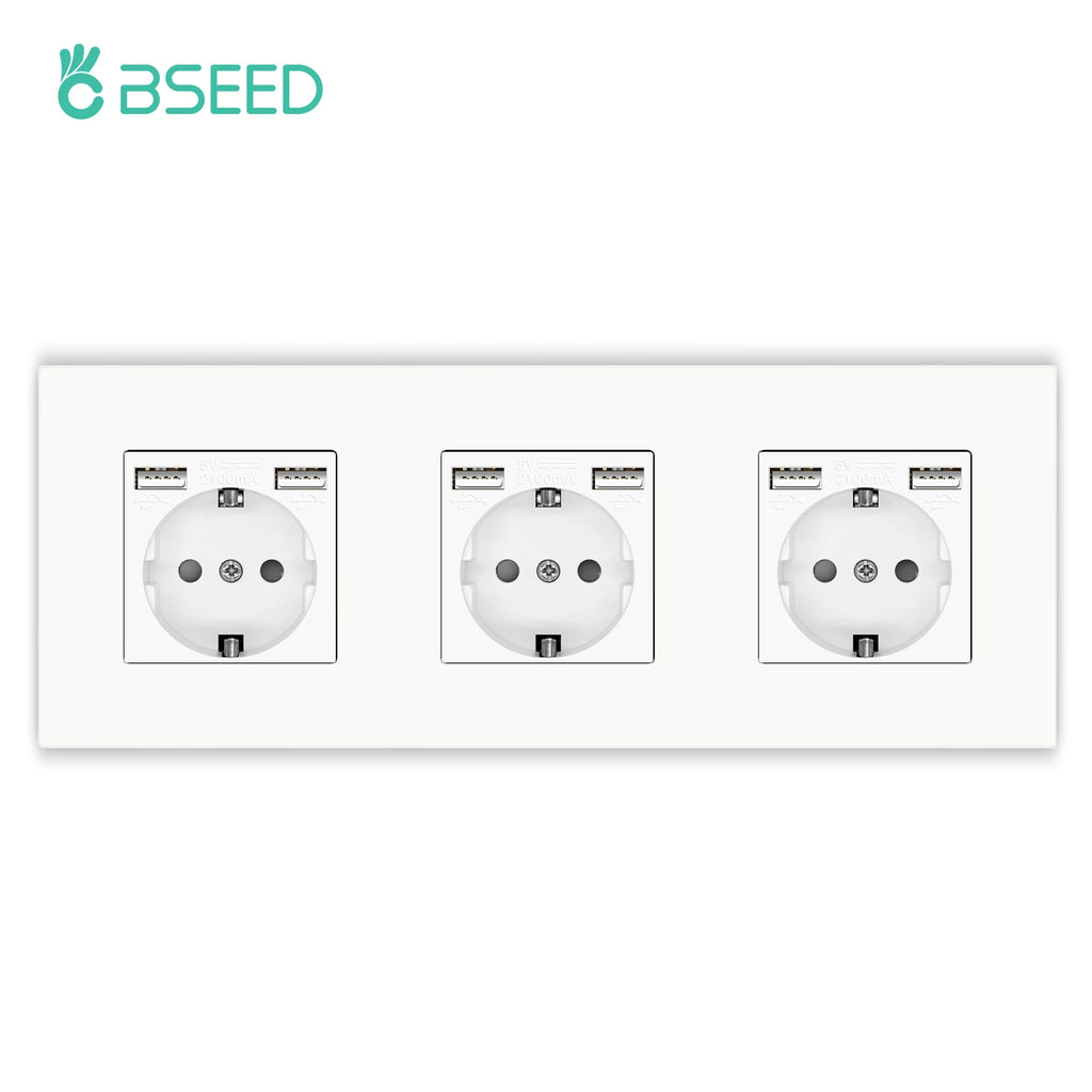 BSEED EU Wall Sockets Type-C USB Power Sockets Double Electric Sockets Triple Outlets Plastic Frame Germany Socket With Dual USB