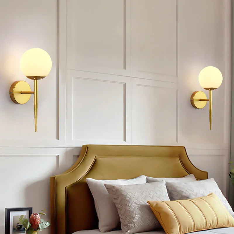 Modern Led Wall Lamps Indoor Golden Wall Lights with Milky PVC Round Ball Bedside Wall Lights Double G9 Bulbs with Light Bulb