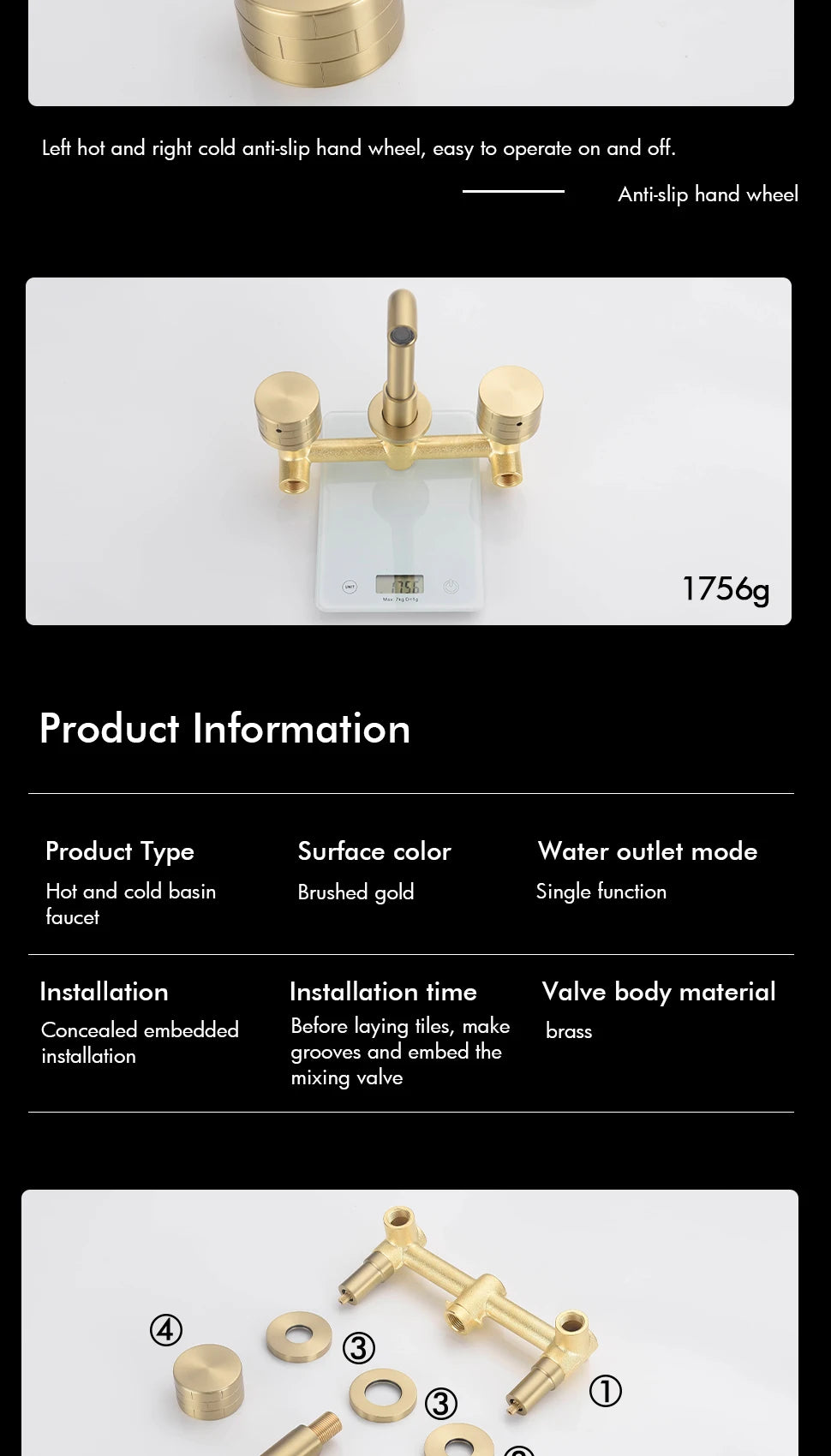 Basin Faucet Concealed Box Double Handle Sink Tap 2 Scarves Pattern Knob Bathroom Mixer Wall Mounted Brass Crane