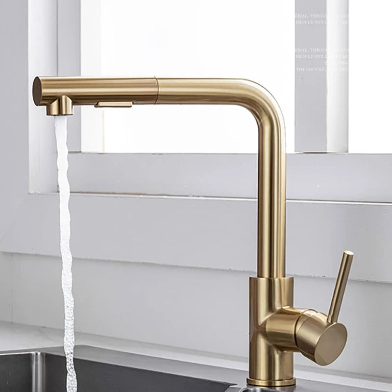 Stainless Steel Kitchen Sink Faucet Pull Out Sprayer Hot Cold Water Mixer Tap Deck Mounted Single Hole Modern Kitchen Tap