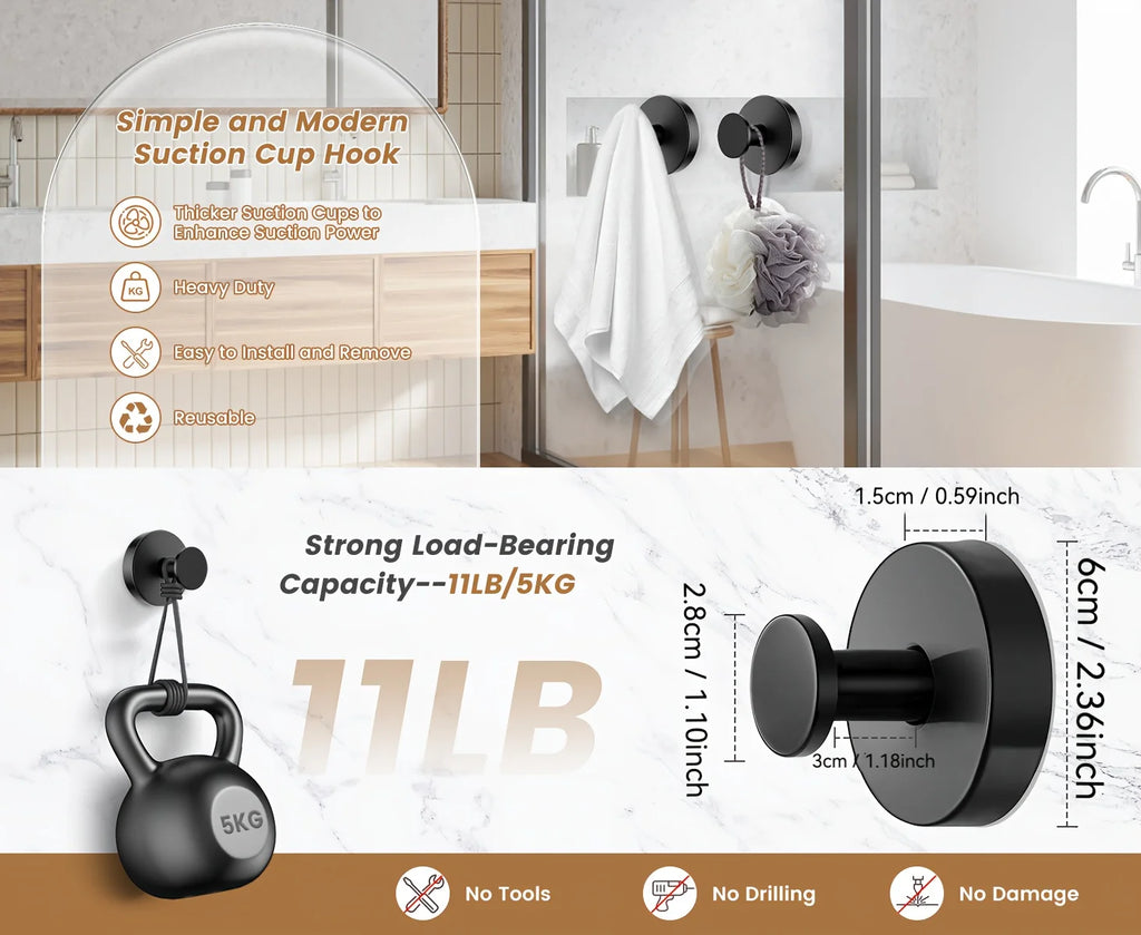 New Suction Cup Hooks Stainless Steel Waterproof Bathroom Shower Wall Mount Punch-free Reusable Strong Adsorption Hook Holders