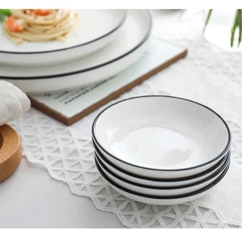 White With Black Dinner Plate Set Ceramic Serving Tray Food Dishes Rice Salad Noodles Bowl Soup Kitchen Dinnerware