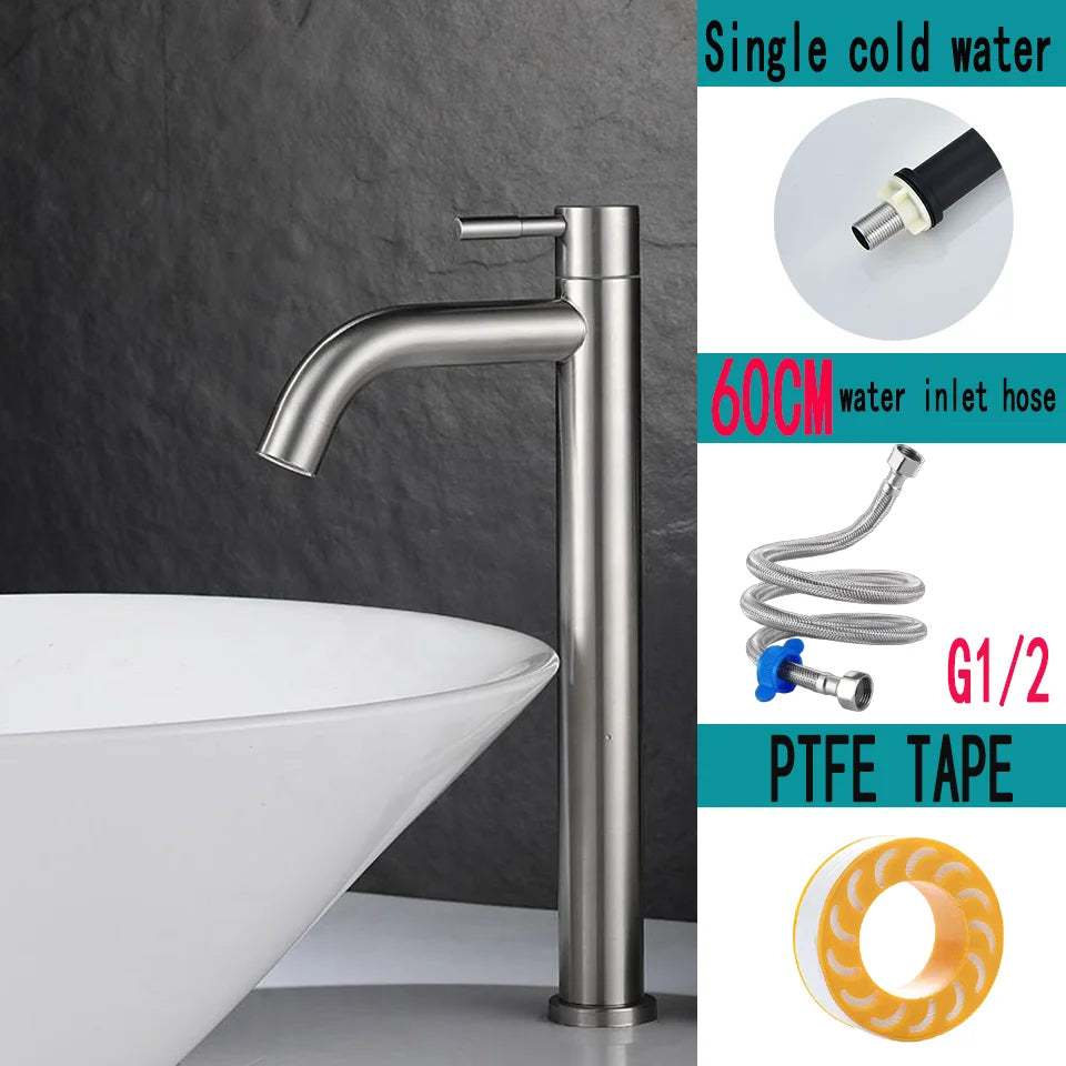 A stainless steel washbasin faucet. Single cold water, 1/2 inch public bathroom. Bathroom balcony