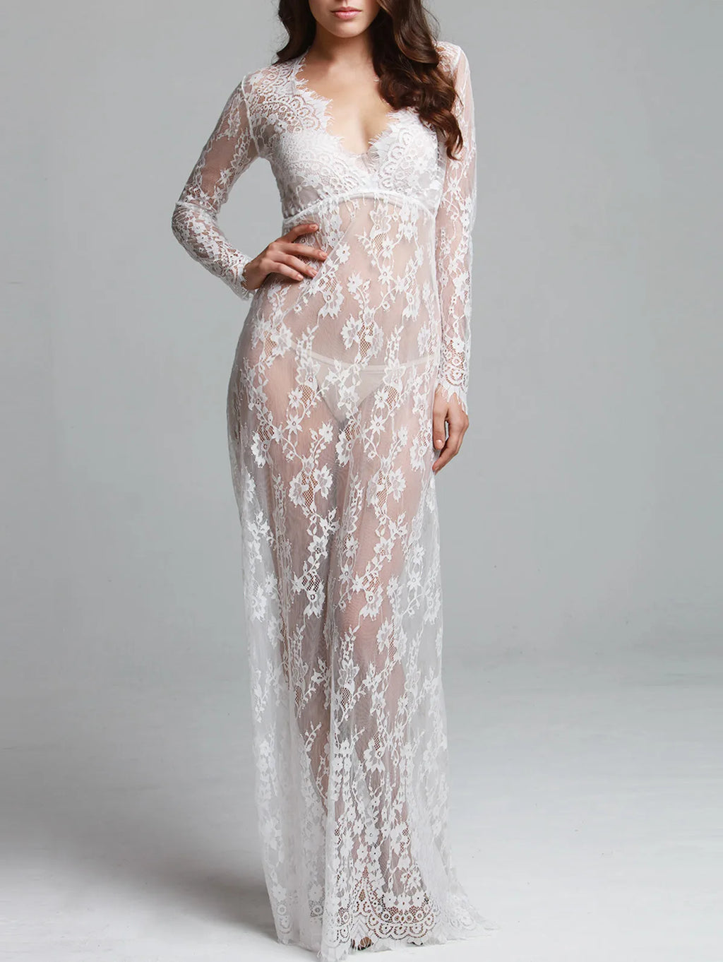 European Style Sexy Deep V Lace Mesh Long Sleeve Bodycon Maxi Dress Trailing Evening Party Dress