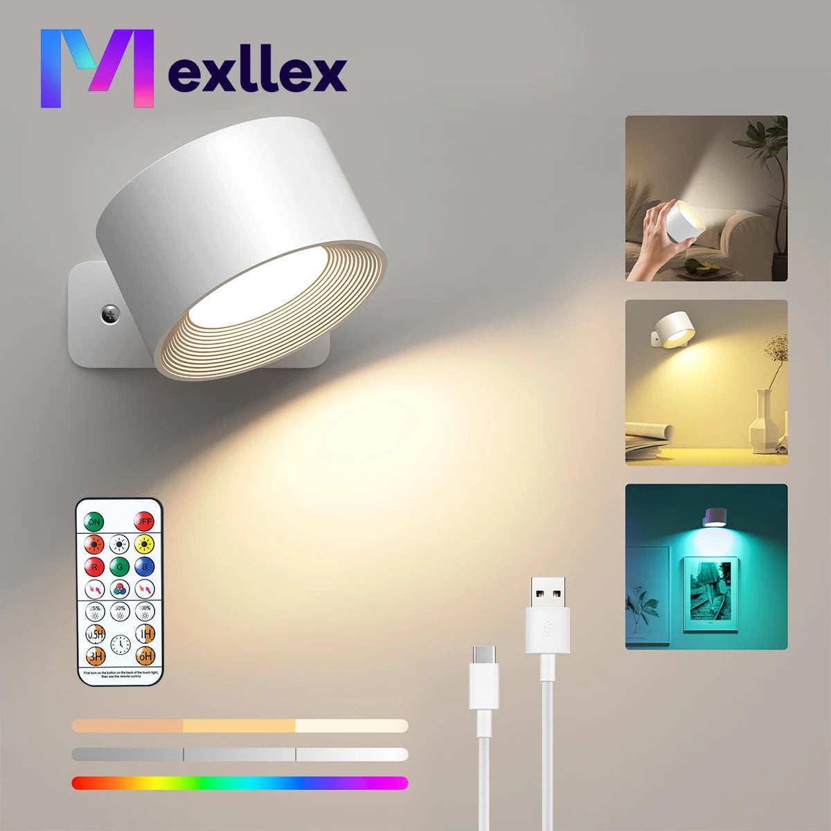 RGB Wall Lights with Remote and 19 Colors, 360° Rotation & 2000 mAh Battery, Dimmable Brightness &Touch Control for Bedroom/Gift