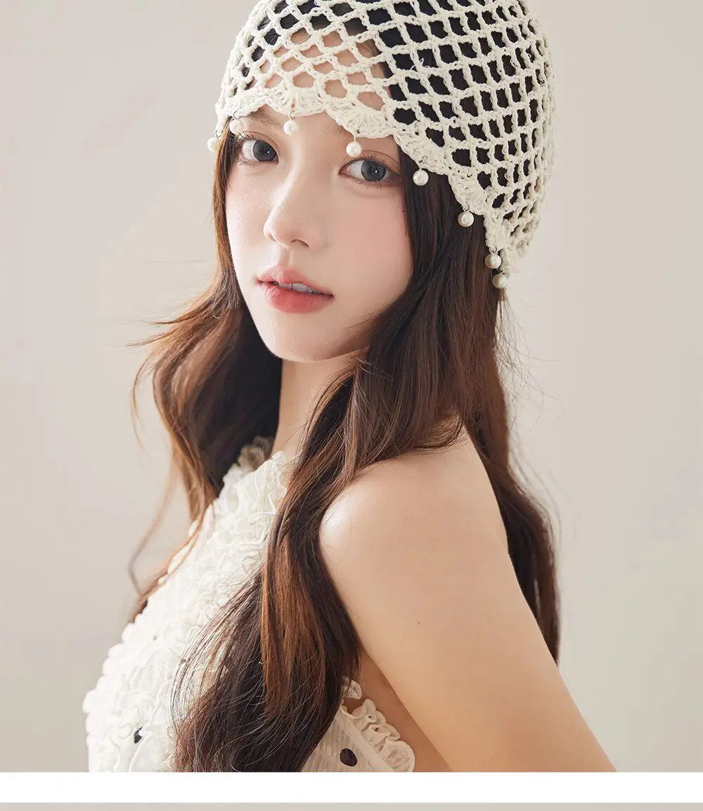 Fashion Hollowed Out Woven Pullover Hats Crochet Breathable Beret Cap Pearl Fringed Retro Beanies Cap for Women Summer Korean