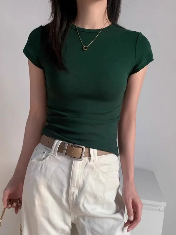 Green Slim Fit Short Sleeve T-Shirt Women's Summer New Style Pure Cotton round Neck Body Shaping Slimming Commute Style Korea...