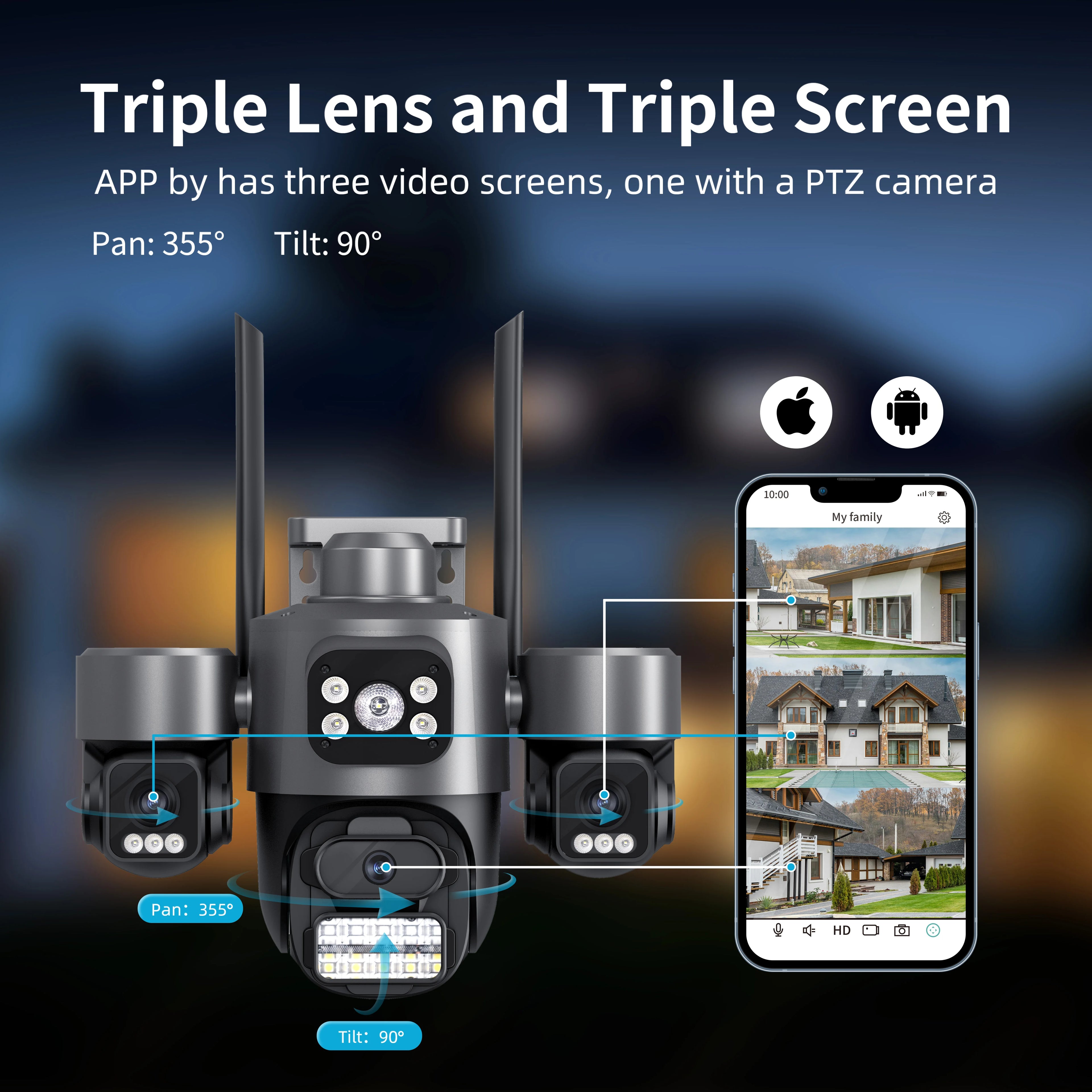Hot Sale  iCsee 3 Lens 3 Screen WiFi Camera 360° Auto Tracking  Waterproof Outdoor CCTV, WiFi Security Cam ICsee Surveillance