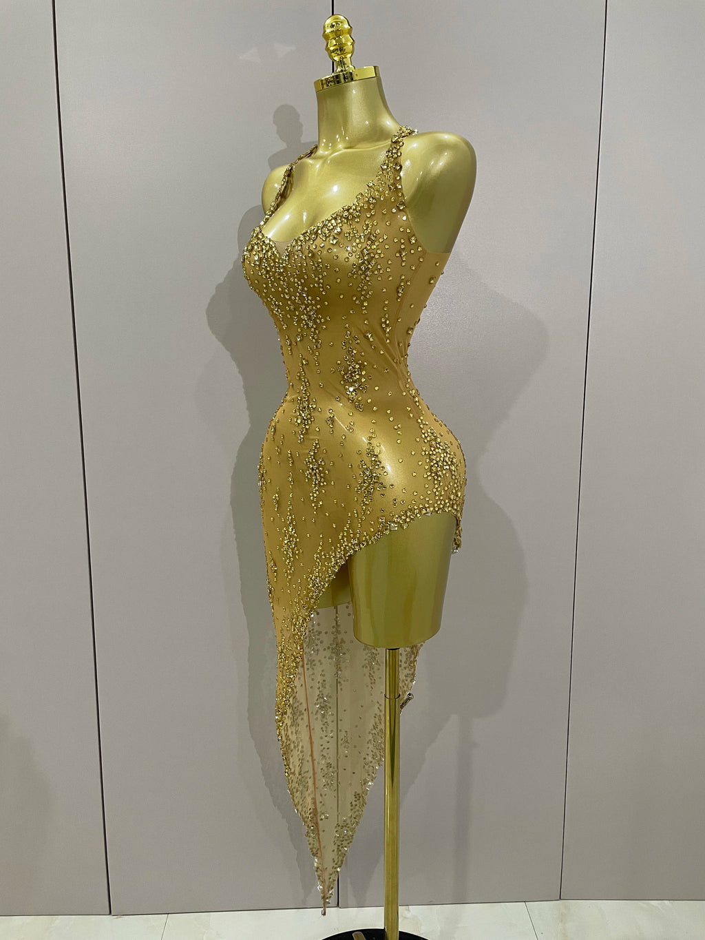 2025 New Sparkly Rhinestone V Neck Stretch Mesh Sexy See Through Dress Women Elegant Party Celebrate Perform Costume Stage Outfi