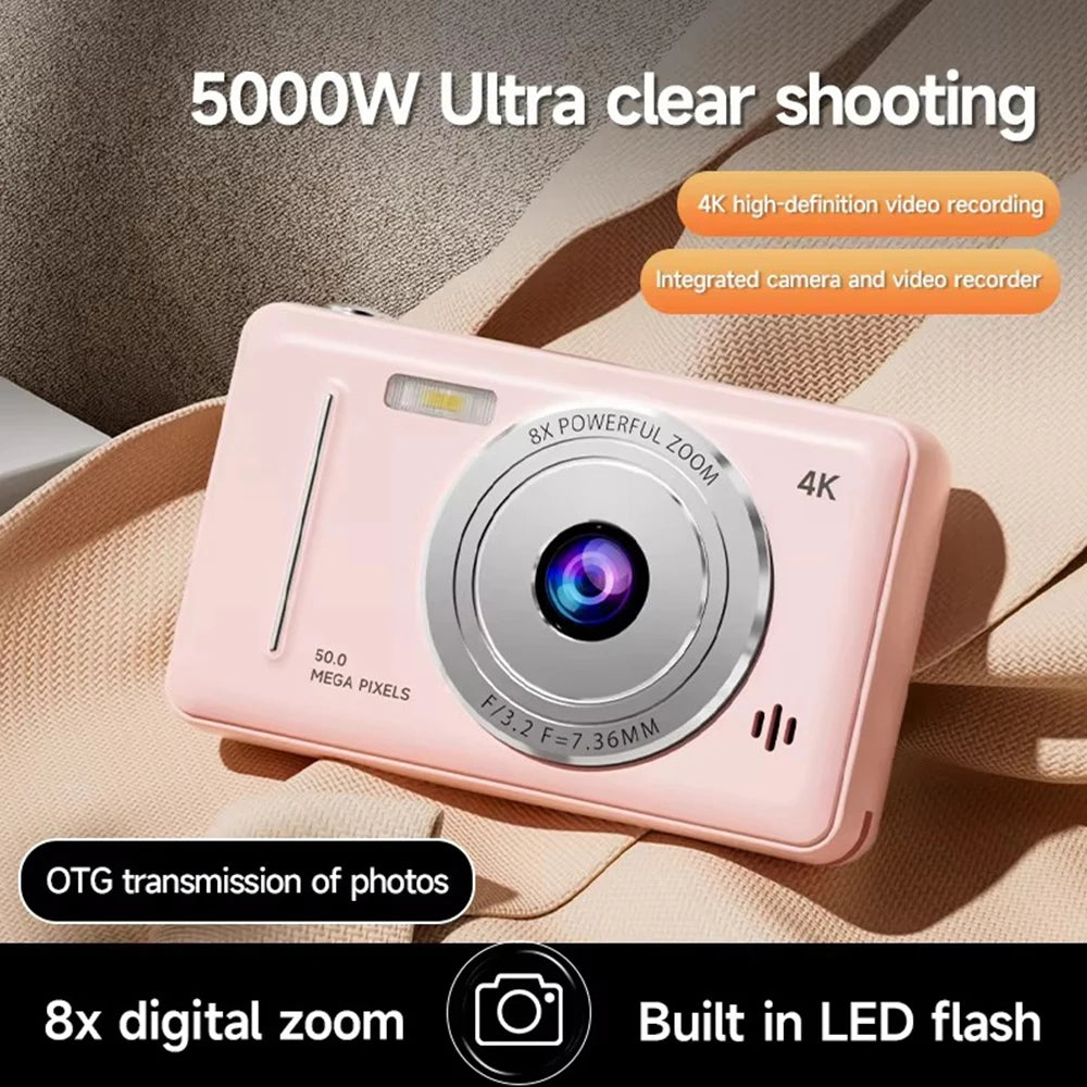 4k Digital Camera IPS HD 50MP CCD Camera 2.4" Autofocus Vlogging Student Camcorder 8X Dual Cam and LED Flash Video Photo Filming