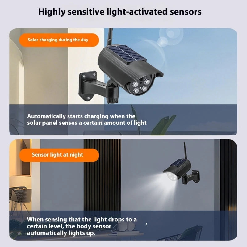 Solar Powered Fake Security Camera Outdoor Dummy Surveillances Device ABS Weatherproof For Home Business Garden Garage
