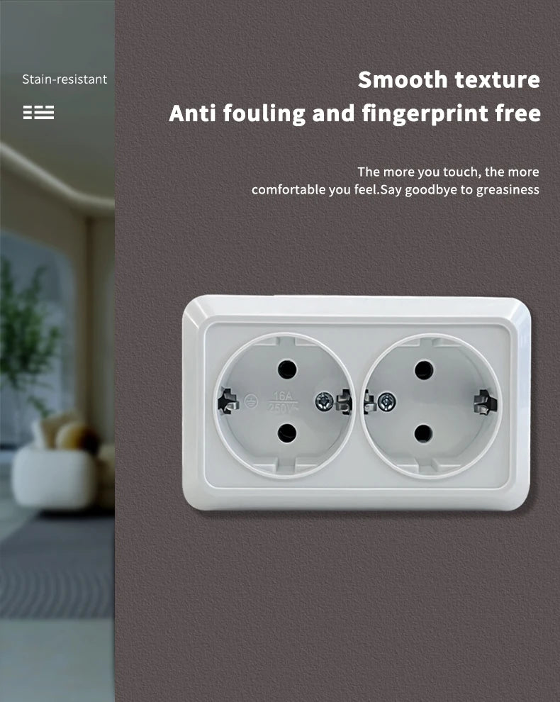 WESA White Wall Surface 2 Sockets Plugs EU Exterior Electrical Outlets With Ground Power Socket Flame Retardant Paint Plastic