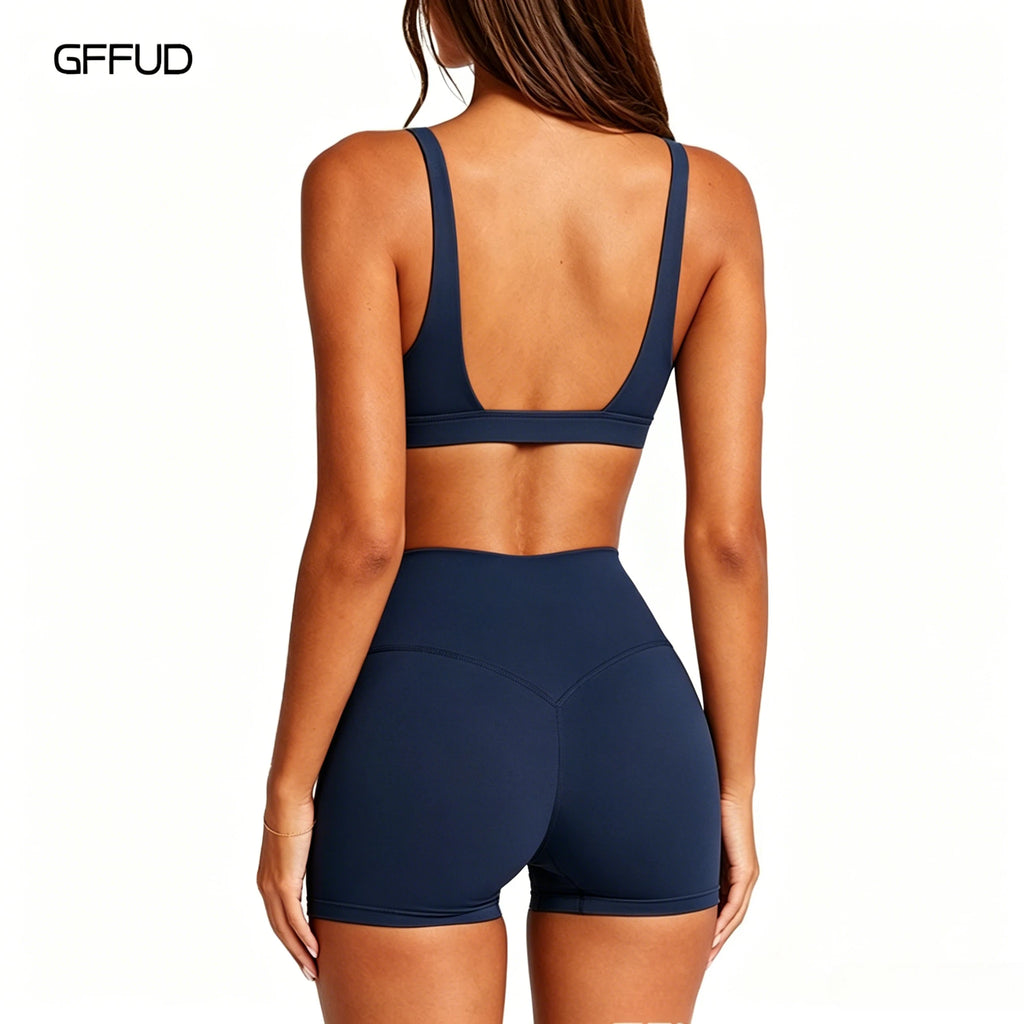 Women's Yoga Set V Neck Push Up Sports Bra High Support Shockproof + High Waist Quick Dry Tummy Control Gym Shorts 2 Piece Set
