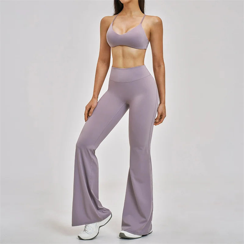 TRY TO BN Women's Tracksuit 2 Pieces Yoga Set Back Y Bra High Waist Leggings Flare Fitness Sportwear Workout Running Gym Clothes