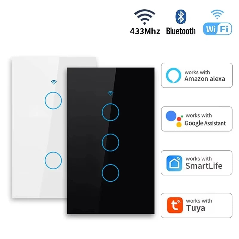 Smart Wifi Touch Switch Neutral Wire/No Neutral Wire Required US 1/2/3/4 Gang Light Switch Works with Tuya Smart Life App