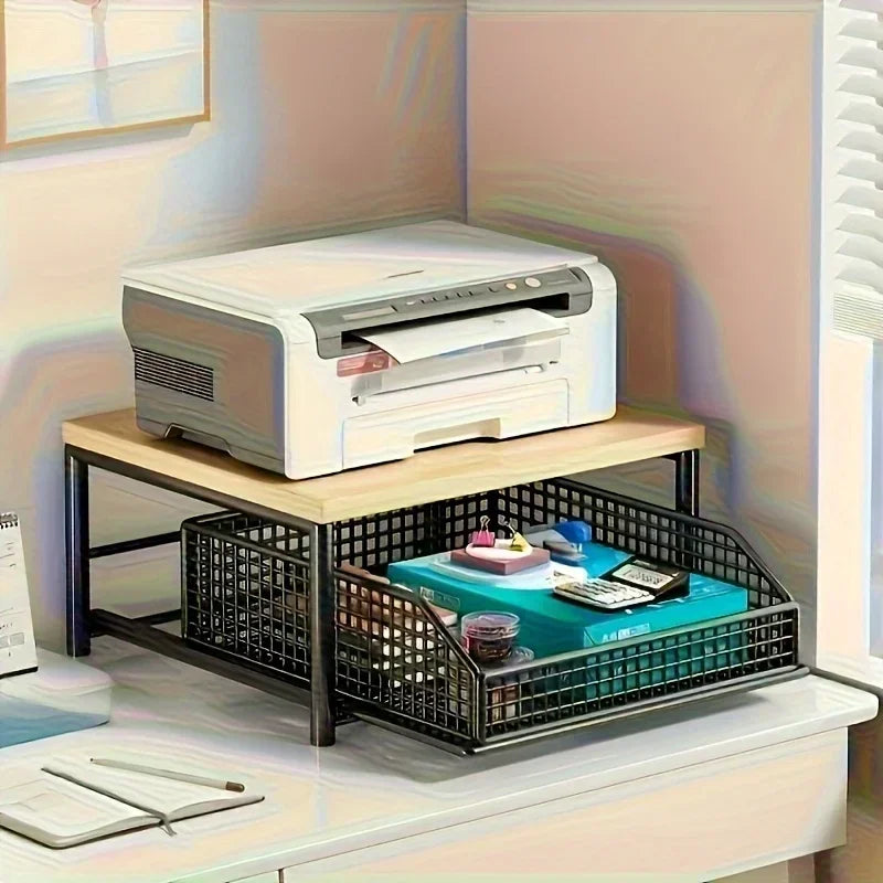 Space-Saving Kitchen Countertop Organizer Made of Sturdy Hardwood with Drawer and Wire Basket for Coffee Maker