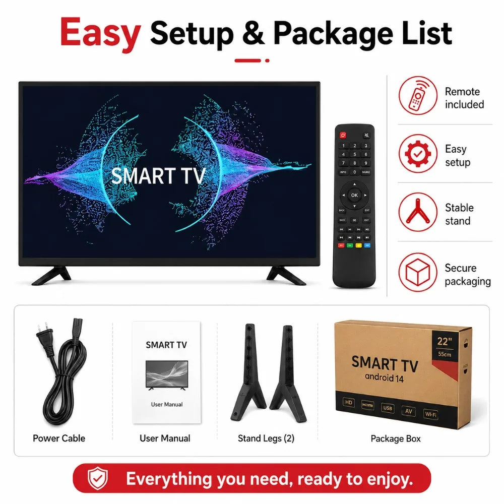 22 Inch Smart TV Android LED Television HD WiFi Bluetooth HDMI USB Flat Screen TV for Bedroom Kitchen RV Home