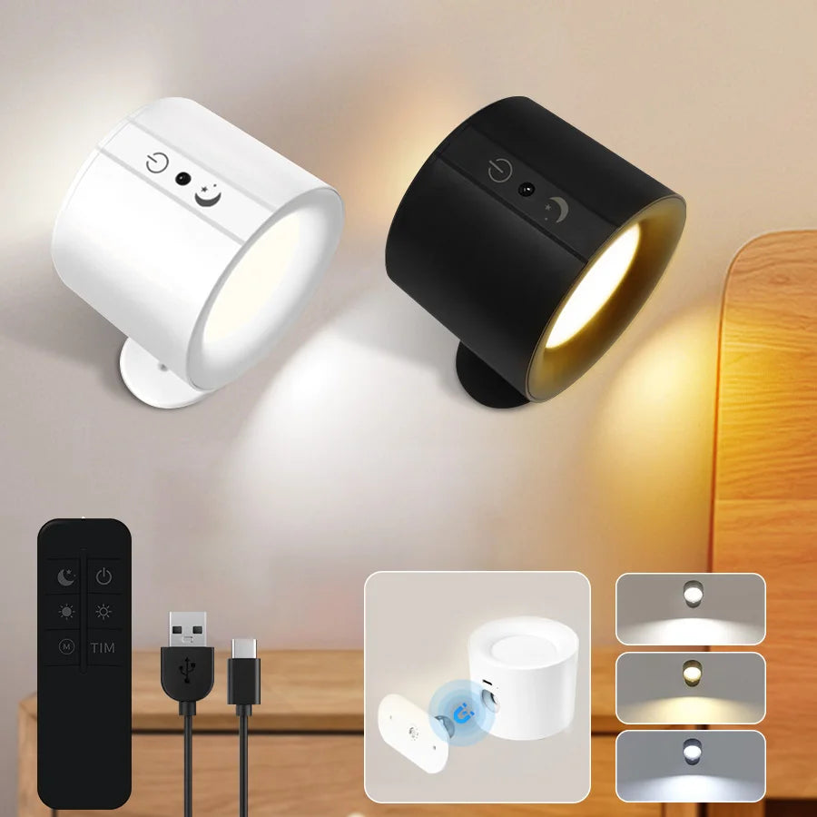LED Wall Light Rechargeable Touch Double Head Wall Lamp 360 Rotatable 3 Colors Sconces Light Wireless Night Lights For Bedroom