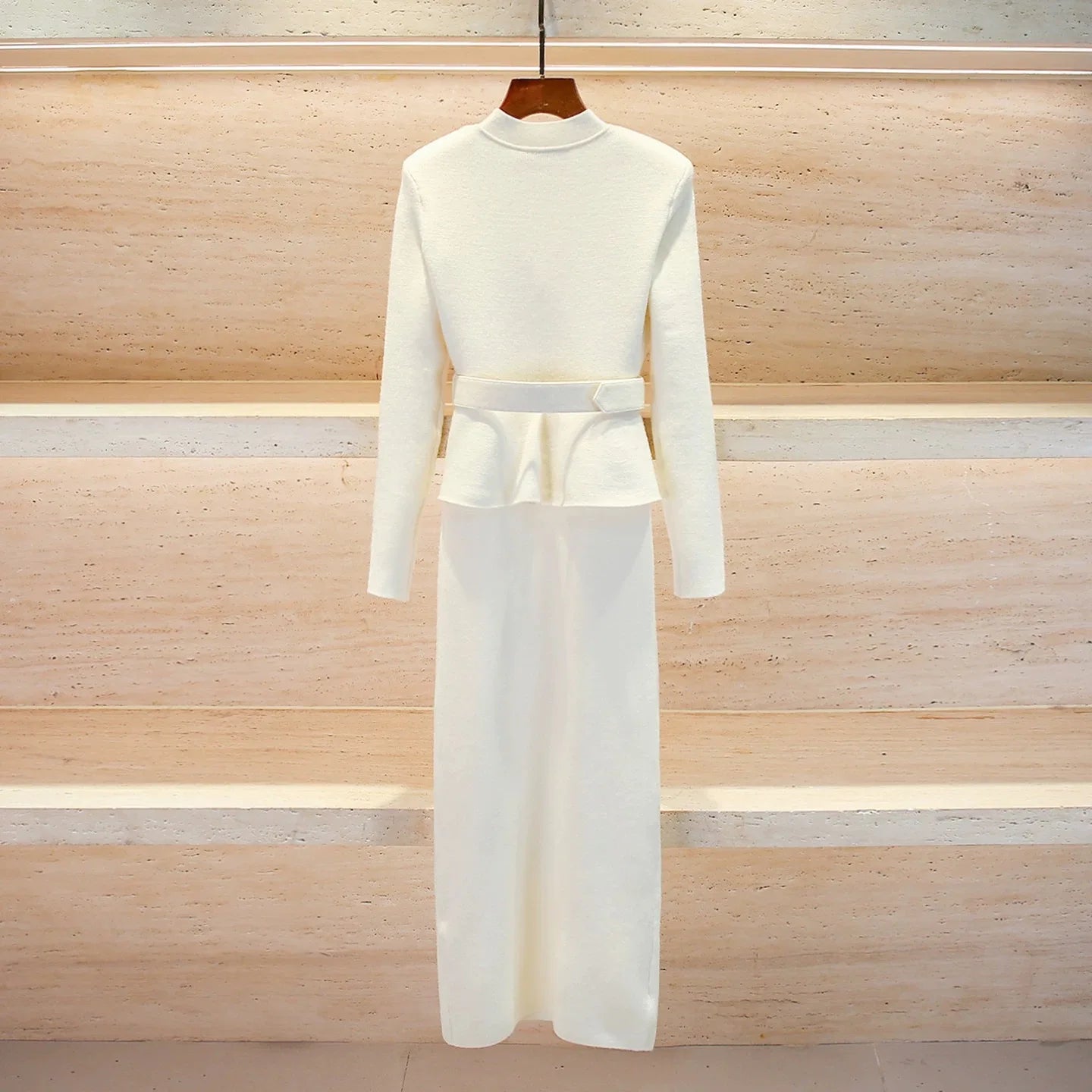 White Knit Two-Piece Style Dress with Rhinestone Button Belt Fitted Long-Length Women's Dress 2025 Fall New Arrival