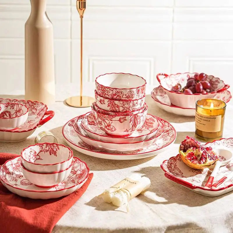 Modern Red Dinner Set Plates Luxury Designer Italian Round Plates Dinner Sets Ceramic Elegant Aparelho De Jantar Kitchen Dishes