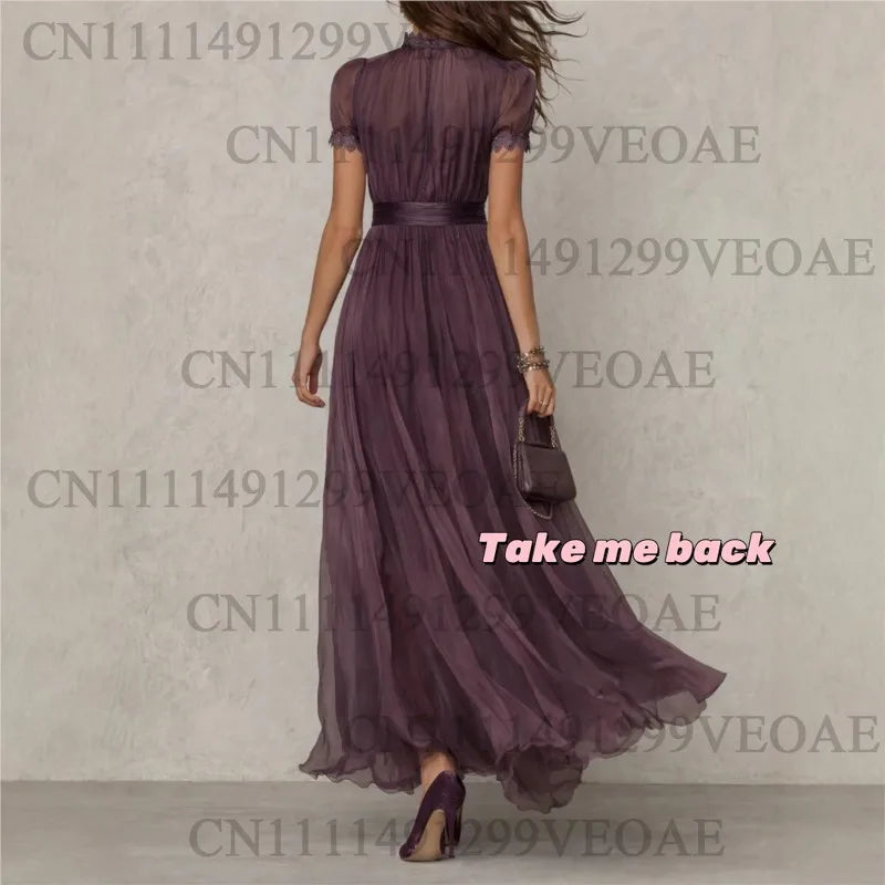 Vintage Spliced Hollow Out Dinner Maxi Dress for Women Stand Collar Lantern Sleeve Pleated Tunic Slit Sexy Dresses Female