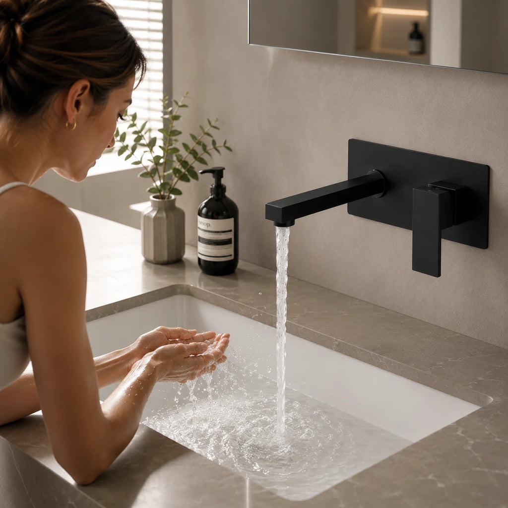 SANIVITAL Wall Mounted Bathroom Faucet Matte Black Basin Mixer Tap Single Handle Hot Cold Water Sink Faucet
