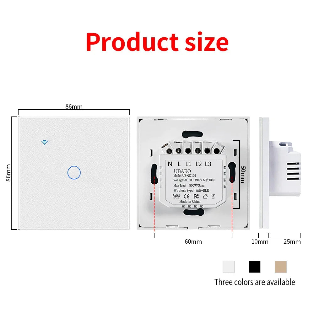 UBARO 86×86mm 1/2/3/4 Gang WiFi Smart Touch Switch, Tuya App/Voice Control, Timer, 2-Way/1-Way, Neutral Required